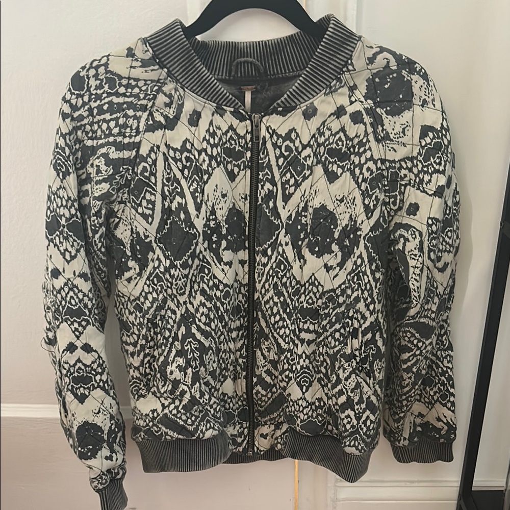 Free People Black & Cream Patterned Bomber Jacket